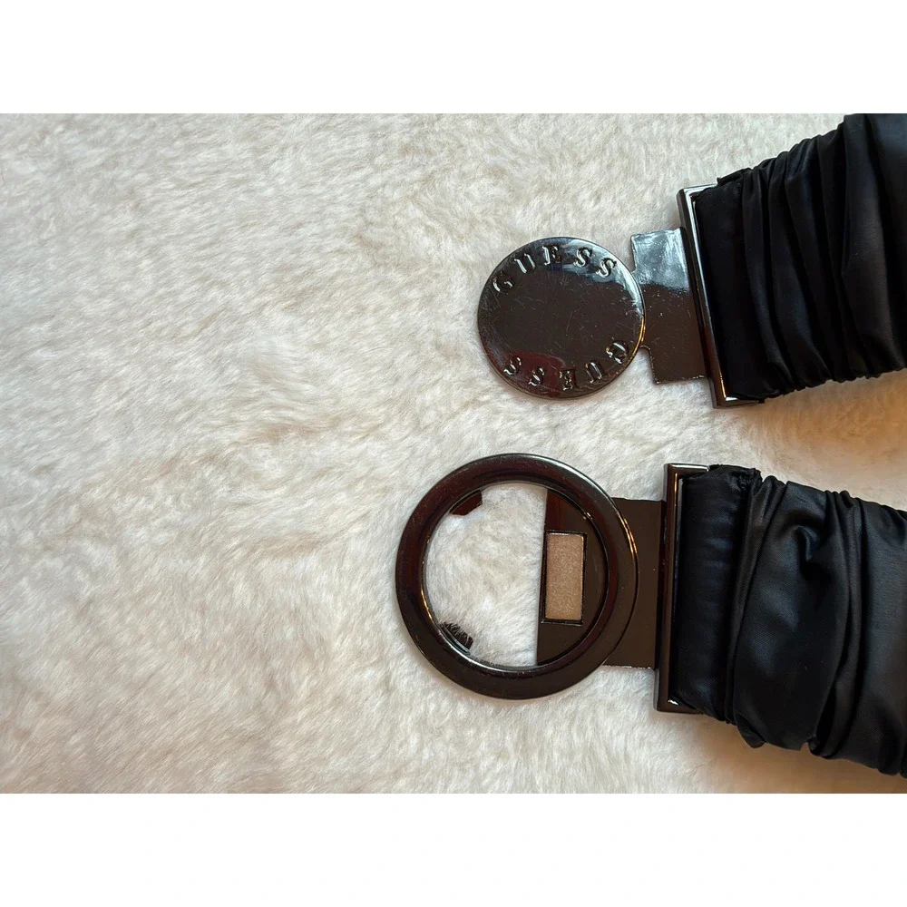 Guess Womens Black Ruched Elastic Stretch Belt Gunmetal Logo Buckle Small Medium